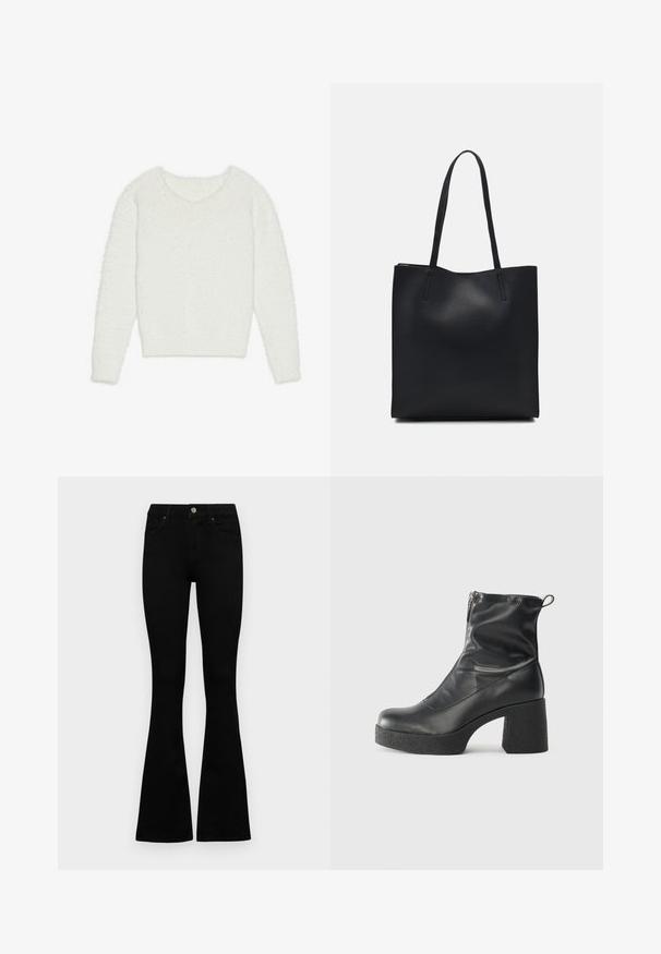 Pull blanc en peluche avec des manches longues, un décolleté en V large et une coupe cropped. La texture est douce et moelleuse, augmentant la chaleur.; Jean noir taille haute avec fermeture à bouton et à zip, poches avant et jambes évasées, posés à plat sur un fond blanc.; Bottes noires à la cheville en cuir lisse, dotées d'une fermeture éclair sur le côté, d'un talon épais texturé et d'une conception à bout rond.; Sac fourre-tout en cuir noir avec une texture lisse, de forme rectangulaire et deux longues poignées. Pas de matériel ou d'ornementations visibles.