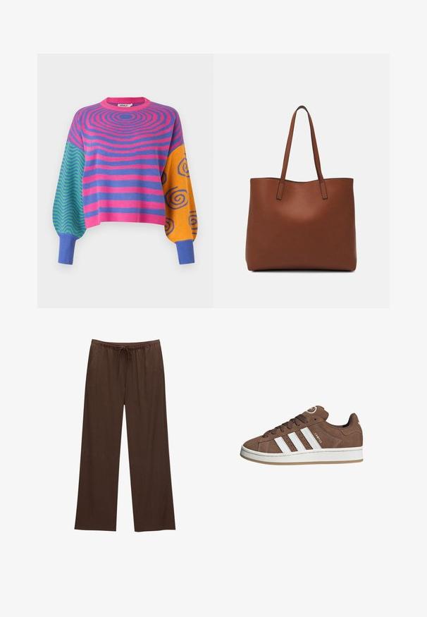 Maglione a maniche lunghe con strisce concentriche rosa e viola sul corpo, zigzag verdi e blu su una manica, e arancione con spirali blu sull'altra.; Pantaloni larghi marroni realizzati in tessuto morbido, con vita elastica e cordoncino, e due tasche laterali.; Sneakers in suede marrone con strisce in pelle bianca, suola in gomma, punta rotonda e lacci. Presentano un logo sulla linguetta e dettagli perforati.; Borsa tote in pelle marrone con texture liscia, design con apertura superiore e due spallacci. Presenta cuciture minime e nessun hardware visibile.