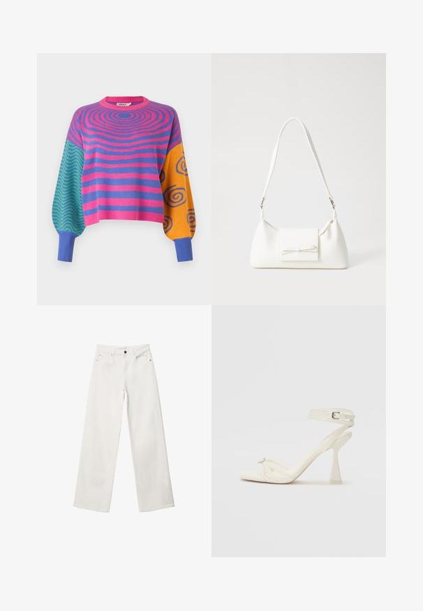 Sveter s dlhým rukávom s ružovými a fialovými koncentrovanými pruhmi na tele, zeleno-modrými cikcakmi na jednom rukáve a oranžovo-modrými špirálami na druhom.; Biele široké džínsy vyrobené z denimu, s vysokým pásom, dizajnom s piatimi vreckami a kovovým zapínaním. Hladká textura, bez vzorov.; Biele kožené sandále na vysokom podpätku s pásikmi, elegantným dizajnom, priehľadným blokovým podpätkom a dekoratívnym prvkom na špičke.; Biela syntetická kabelka s trojuholníkovým tvarom, plochým predným klapkou a detailom mašle, nastaviteľným popruhom, hladkou textúrou a minimalistickým dizajnom.