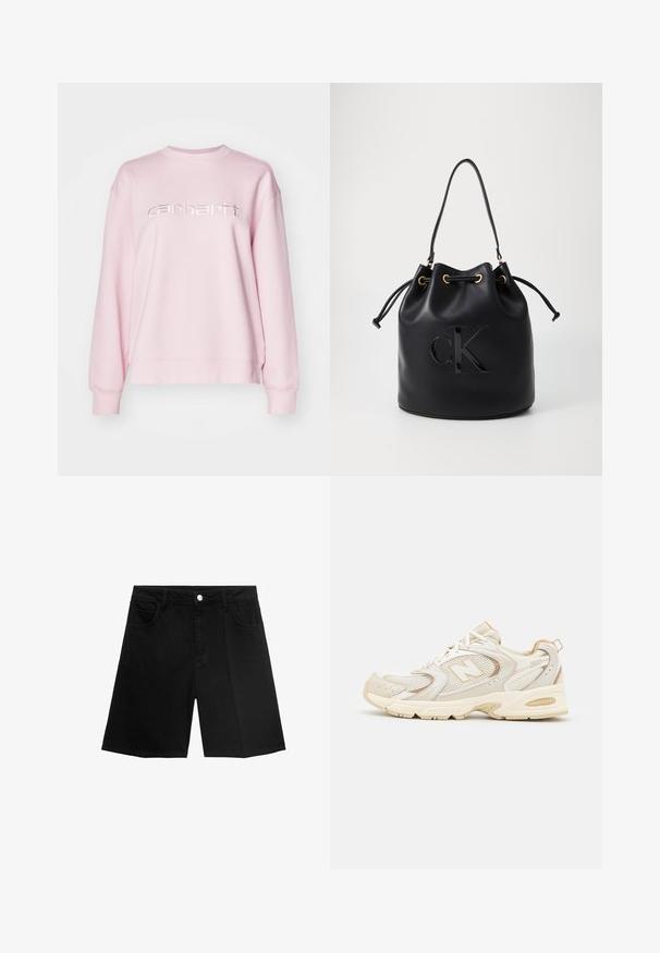Light pink sweatshirt featuring a crew neckline, long sleeves, and a metallic silver "carhartt" logo across the chest. Soft fabric, relaxed fit.; Black denim shorts featuring a straight cut, five pockets, and a silver button closure. Smooth texture with minimal stitching detail.; Beige athletic shoes with mesh and synthetic overlays, featuring a textured surface, padded collar, and "ABZORB" cushioning at the heel.; Black leather bucket bag with drawstring closure, featuring a glossy "CK" logo on the front and gold-tone hardware accents.