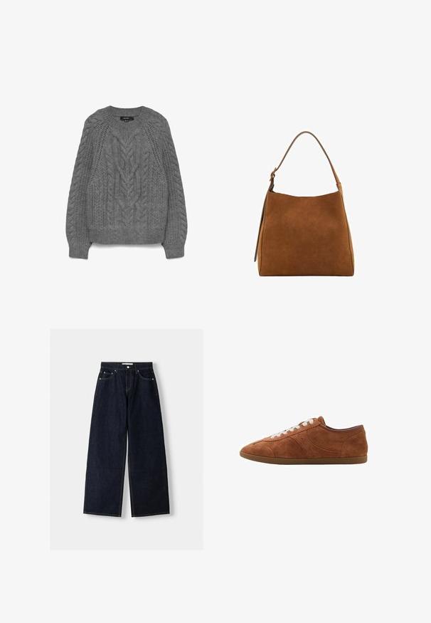 Sivie pleteno pulover s kabelskim vzorcem, okroglim izrezom in rebrastimi manšetami ter robom. Teksturalna zasnova z različnimi tehnikami pletenja.; Modra in bela prugasta srajca z dolgimi rokavi in gumbom, s širšim ovratnikom, prilagojenim krojem in ukrivljenim robom. Teksturni bombažni material.; Temno modri široki jeans z visokim pasom, petimi žepi, kontrastnim šivanjem in srebrnim kovinskim okovjem. Gladka tekstura in čista končna obdelava.; Rjavi semiš tenisice z belimi vezalkami, okroglo oblikovanimi prsti in teksturiranimi detajli. Imajo nizko zasnovo in gumijast podplat z gladko površino.; Rjava semiš torba preko ramena s ukrivljenim vrhom, enojnim trakom in gladko teksturo. Ponuja minimalističen oblik in čiste linije.