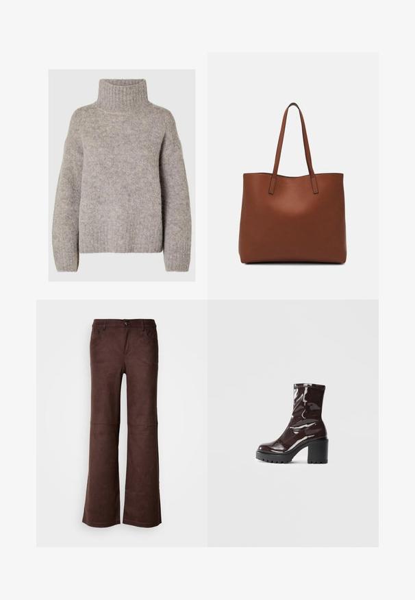 Selected Femme SLFGABELLA HIGH NECK - Maglione - steel gray; Pantaloni a palazzo marroni in un tessuto morbido simile al suede. Presentano quattro tasche, una chiusura con bottone e una superficie liscia e testurizzata.; Stivale alla caviglia bordeaux lucido con un tacco spesso nero, caratterizzato da una superficie liscia e un design semplice. Nessuna chiusura visibile o motivo.; Borsa tote in pelle marrone con texture liscia, design con apertura superiore e due spallacci. Presenta cuciture minime e nessun hardware visibile.