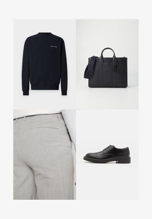 Tamno plavi dukserica od pamuka. Ima okrugli izrez, duge rukave i dva mala bijela logotipa branda na gornjem lijevom dijelu prsnog koša.; Svijetlosive krojene hlače od teksturiranog materijala, s jednim stražnjim džepom i čistim šavovima.; Crne kožne cipele s vezanjem i zaobljenim vrhom, glatke teksture, minimalnim šavovima i niskim gumiranim potplatom. Logo se nalazi na peti.; Tamno plavi kožni aktovka s dvije gornje ručke i odvojivim remenom. Ima teksturiranu površinu, vertikalno šivenje i detalj s logotipom.