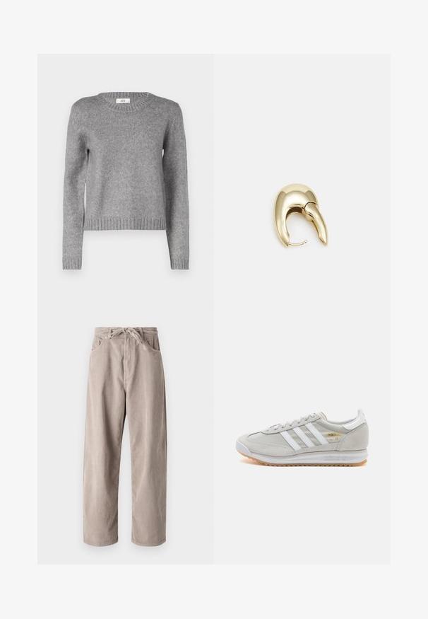 Suéter de punto gris con cuello redondo y mangas largas. Presenta un dobladillo y puños de canalé; textura suave, perfecta para superponer.; Pantalones de pana beige de corte holgado, con cinturilla ajustable, dos bolsillos frontales y textura de canalé vertical.; Zapatilla de color gris claro hecha de ante y malla, con tres franjas blancas, punta redonda y suela de goma. Acento en logo dorado cerca de los cordones.; Pendiente de metal en tono dorado con un diseño elegante y curvado. Presenta una forma puntiaguda distintiva, superficie pulida y cierre de bisagra.