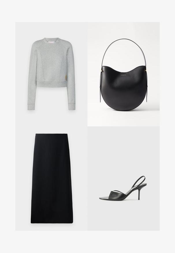 Šedá zkrácená mikina s dlouhými rukávy, vyrobená z měkké látky. Má kulatý výstřih, raglánové rukávy a malou nášivku loga na boku.; Černá midi sukně vyrobená z hladkého materiálu, s strukturovanou siluetou a přímým střihem, bez viditelných vzorů nebo ozdob.; Černé kožené lodičky na odkryté patě s špičatou špičkou, tenkým řemínkem kolem kotníku a jehlovým podpatkem. Obsahují uzlový detail na nártu.; Černá kožená taška přes rameno s zakřiveným tvarem, tenkým popruhem a jemnými zlatými akcenty. Hladký povrch s minimalistickým designem.