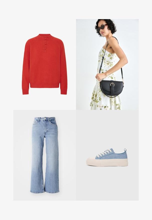 ICHI DASILA - Džemper - fiery red; Heledsinine kõrge vöökoht ja laiad sääred teksad, millel on ees- ja taga-taskud, nööbiga kinnitamine ning kerge kulumine reitel ja ääres.; Heledad sinised kangast tennisekingad koorevärvi kummist varbakatte ja taldaga, millel on valged paelad ja tõmblukk kandadel.; Mustmust mustraha kõverate joontega, eemaldatava rihmaga ja kuldsete detailidega. Kotil on klapp, millel on pandladetail.