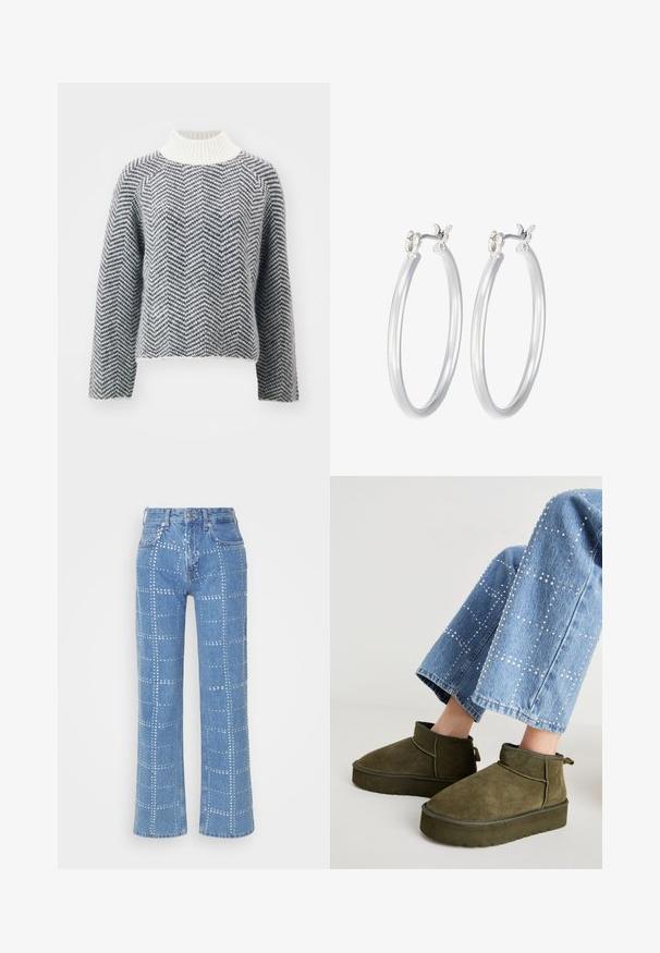 Sweter dzianinowy z wzorem w jodełkę w szaro-białych kolorach, z wysokim prążkowanym kołnierzem i lekko skróconym fasonem. Teksturowane wykończenie.; Jasnoniebieskie dżinsy z prostymi nogawkami, zdobione siatką srebrnych ćwieków oraz klasycznym pięciopocketowym designem.; Zielono-oliwkowe zamszowe botki za kostkę z grubą, teksturowaną podeszwą i pętelką do zakupu. Połączone z jasnoniebieskimi, zdobionymi dżinsami.; Srebrne kolczyki w formie kółek o gładkim, polerowanym wykończeniu. O okrągłym kształcie i pewnym zapięciu na klik. Lekka konstrukcja odpowiednia do codziennego noszenia.