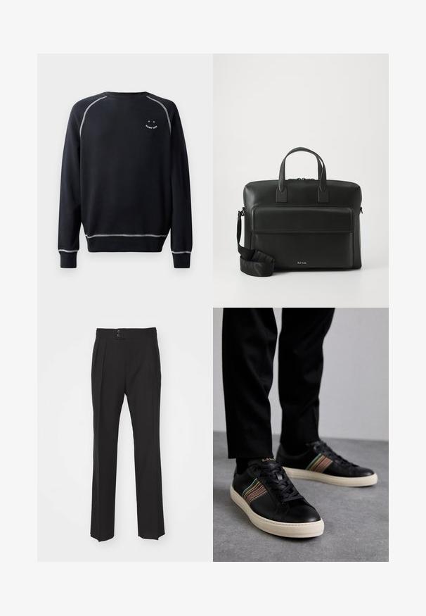 Čierna mikina s okrúhlym výstrihom, dlhými rukávmi a kontrastným bielym prešívaním. Obsahuje malý grafický dizajn na hrudi. Mäkká textúra látky.; Čierne elegantné nohavice s rovnými nohavicami, dvoma prednými vreckami a dvojitým zapínaním na páse. Hladká textúra materiálu.; Čierne kožené tenisky s multicolor pruhovanými akcentmi, okrúhlou špičkou a bielymi gumovými podrážkami, s šnurovacím dizajnom a embosovanou značkou.; Čierna kožená aktovka s dvoma hornými rúčkami, predným vreckom a odnímateľným popruhom, s diskrétnym logom na spodnej časti.
