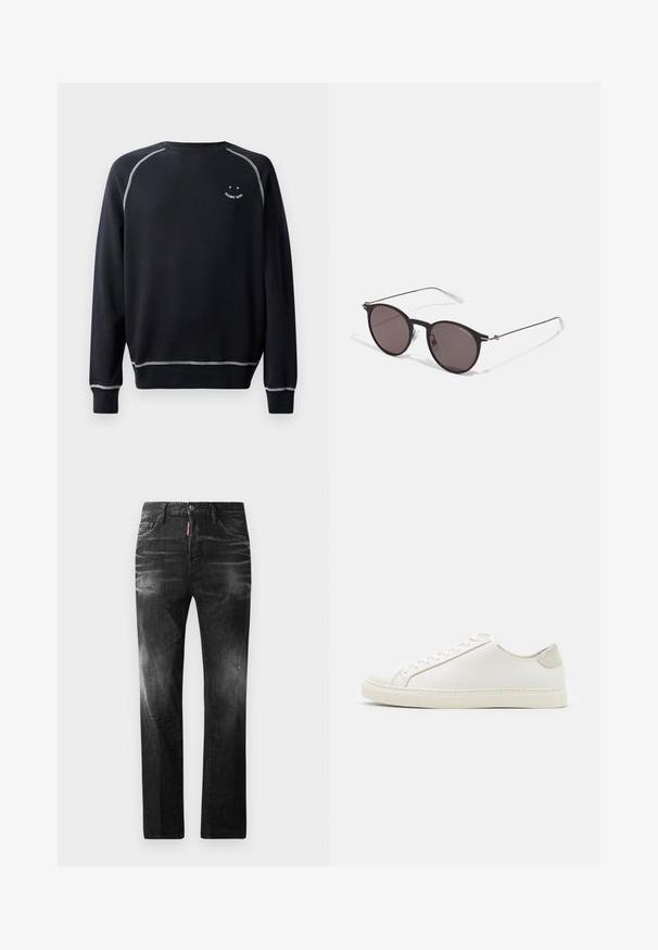 Melns sporta krekls ar apaļu kaklu, garām piedurknēm un kontrastējošiem baltajiem šuvumiem. Uz krūtīm ir neliela grafika. Mīksta auduma tekstūra.; Melni džinsi no denima ar taisnu piegriezumu. Iespējas ietver izbalējušas vietas, nelielas nodiluma pazīmes, klasisko piecu kabatu dizainu un pogu aizdari.; Balti ādas sporta apavi ar gludu virsmu, noapaļotu purngala daļu un minimālistisku dizainu. Iezīmējas ar bežām akcentiem uz papēža un gumijas zoli.; Melni apaļi saulesbrilles ar tumšiem lēca un plānām metāla stangām. Iekļautas caurspīdīgas tempļu galviņas un sudraba akcenti pie eņģes. Minimalistisks dizains.