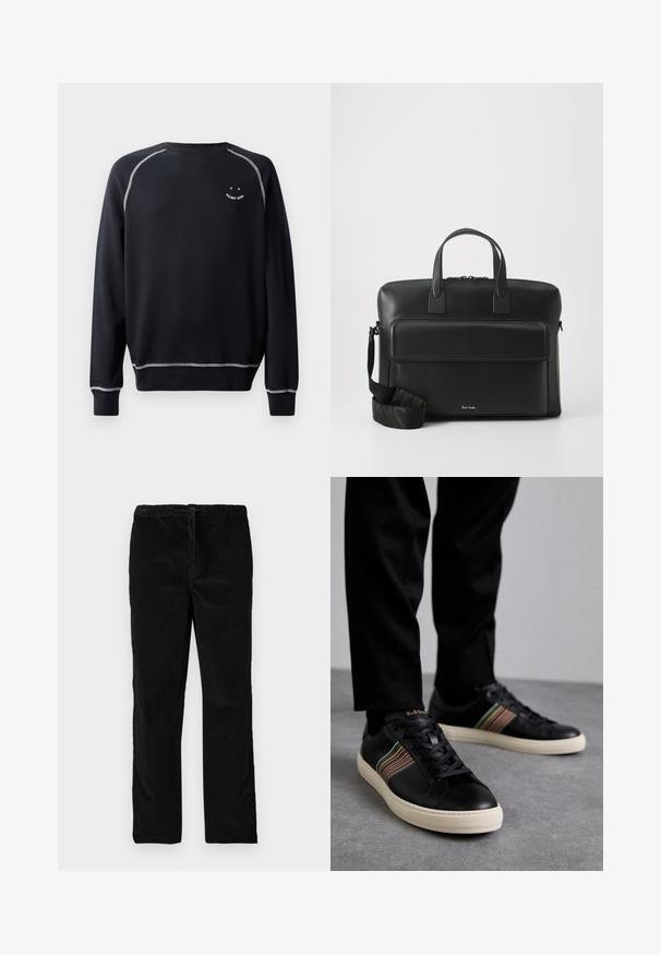 Black sweatshirt with a crew neck, long sleeves, and contrasting white stitching. Features a small graphic on the chest. Soft fabric texture.; Black straight-leg velvet pants with elastic waistband and front drawstring, displayed against a plain white background.; Black leather sneakers with multicolored striped accents, round toe, and white rubber soles, featuring lace-up design and embossed branding.; Black leather briefcase with dual top handles, a front pocket, and a detachable strap, featuring subtle branding at the bottom.