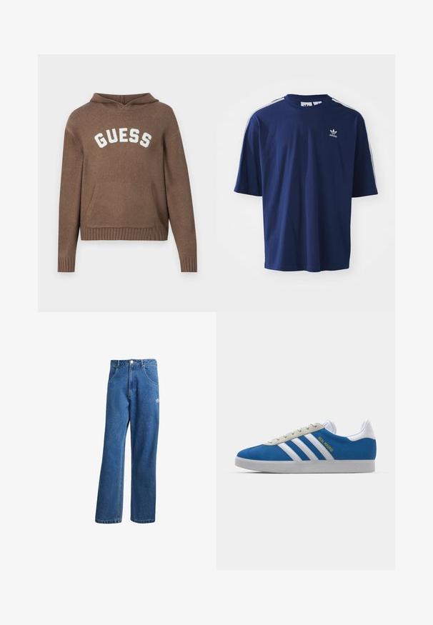 Brūns pulvers džemperis ar brīvu piegriezumu, ar priekšējo kabatu un ribinātu apakšmalu. Baltā "GUESS" emblemā redzama uz krūšu daļas. Mīksta tekstūra.; Navigātnes zilas krāsas kokvilnas T-krekls ar īsām piedurknēm, apaļu kaklu, trīs baltām svītrām uz pleciem un mazu baltu logotipu uz krūtīm.; Zilas augsta vidukļa platas kāju džinsu bikses ar priekšējiem kabatām, jostas cilpām, pogu aizdari un mazu Adidas logo labajā augšstilbā.; adidas Originals ADIDAS GAZELLE SHOES - Futbola apavi iekštelpām - real madrid/bluebird/footwear white/crew yellow