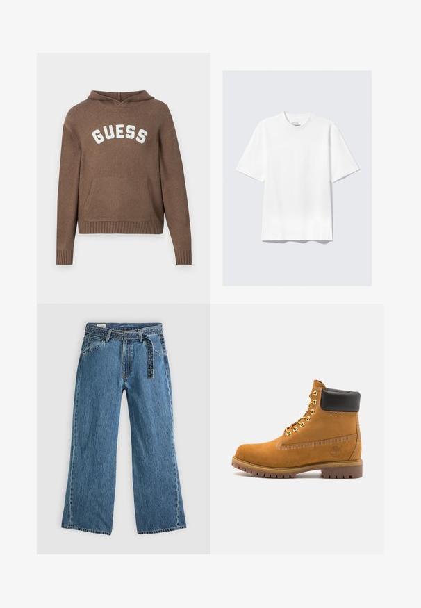 Brūns pulvers džemperis ar brīvu piegriezumu, ar priekšējo kabatu un ribinātu apakšmalu. Baltā "GUESS" emblemā redzama uz krūšu daļas. Mīksta tekstūra.; Vienkārša balta īsām piedurknēm brīva T-krekls, izklāts uz gaiši pelēka fona.; Zilas džinsa platās kājas bikses ar pievienotu jostu, priekšējām kabatām un redzamiem šuvumiem uz vienkārša gaiša fona.; Brūna zamša potīte ar melnu izšuvumu ap kaklu, zelta metāla acu caurumi, balta šuvju apdare un izturīgs gumijas zole ar izteiktu zīmējumu.