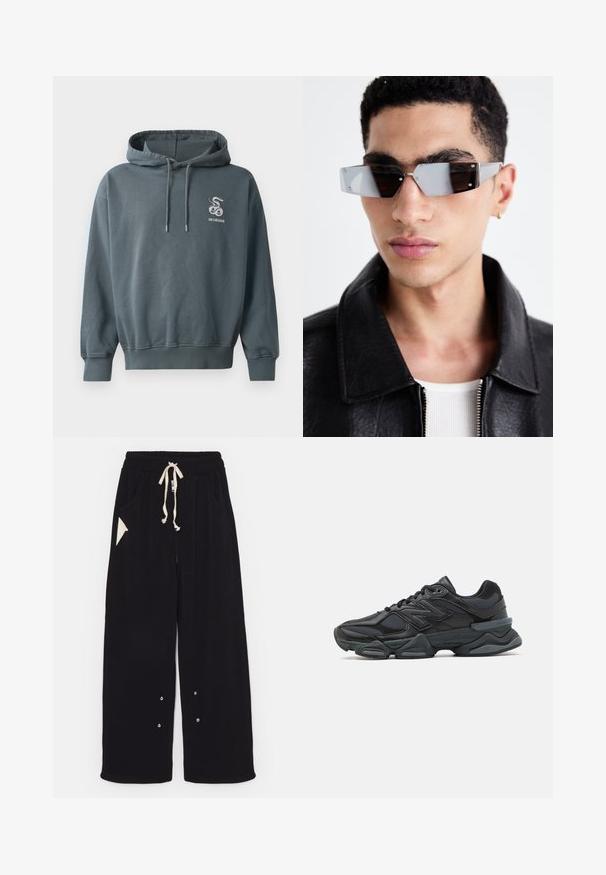 Kapuca majica iz temno modro-zelene tkanine, ima sprednji kengurujasti žep, kapuco z vrvico in izvezeno logo kače na prsih.; Črno kratko majico s kratkimi rokavi iz bombaža, z okroglo ovratnico in sproščenim krojem. Gladka tekstura z minimalnimi detajli šivanja.; Črne široke hlače iz mehkega blaga z elastičnim pasom na vrvico, stranskimi žepi in trikotnim dodatnim žepom. Vključeni so srebrni detajli.; Črne tekaške superge, ki združujejo mrežaste in sintetične materiale, imajo debel podplat, ukrivljen oblikovni slog ter izrazito blagovno znamko na strani.; Angularne sončne očala s sivim tonom in srebrnim okovjem, postavljena na svetli podlagi. Leče imajo edinstveno geometrijsko obliko.
