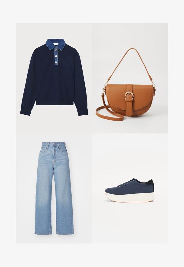 sandro DAMIEN - Pulover - marine; Jeans cu talie înaltă, de culoare albastru deschis, cu croială largă, dotate cu nasture și fermoar la față, buzunare în față și spate, pe un fundal alb.; Sneaker albastru închis, cu un material texturat pe partea superioară, talpă platformă albă, vârf rotunjit și accent de călcâi negru. Dispune de șase găuri pentru șireturi.; Geantă din piele maro, tip crossbody, cu o formă curbată, accesorii aurii și un accent cu cataramă. Dispune de un curea de umăr detașabilă.