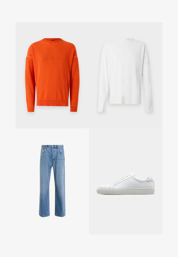 Orangenes Strickpullover mit gerippter Struktur, Rundhalsausschnitt und gesticktem Logo. Verfügt über lange Ärmel und eine lockere Passform.; Langärmliges weißes Baumwollhemd mit rundem Ausschnitt, seitlichen Schlitzen am unteren Rand und glatter Textur, von hinten präsentiert.; Helle blaue Jeans im Geradeschnitt-Design, mit fünf Taschen, Knopfverschluss, minimaler Ausbleichung und kontrastierenden Nähdetails.; Weißer Sneaker mit glattem Lederobermaterial und niedrigem Profil. Verfügt über eine runde Zehenpartie, sechs Ösen und eine strukturierte Gummisohle.