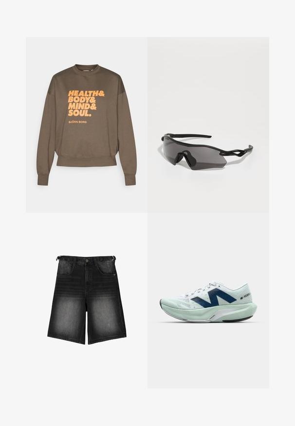 Bruine sweatshirt met lange mouwen, ronde hals en geribde manchetten. Kenmerkt zich door grote oranje tekst: "GEZONDHEID & LICHAMEN & GEEST & ZIEL." BJÖRN BORG merk.; Zwarte denim shorts met een verwassen afwerking, vijf zakken, een knoopsluiting en riemlussen. De stof heeft een gladde textuur.; Lichte hardloopschoen in wit en licht mint, met blauwe accenten, een gestructureerde mesh bovenkant en een gevoerde zool met een uitgesproken hak.; Sportzonnebril met een volledig rondlopende zwart plastic frame, donker getinte lenzen en een opvallend hoekig ontwerp. Flexibele oorarmen voor comfort.