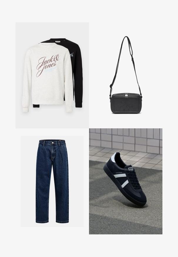 Set of two sweatshirts; one light gray with brown and blue lettering, and one black. Both have long sleeves and ribbed cuffs.; Dark blue denim jeans with a straight-leg design. Features visible stitching, a button closure, and front pleats for added detail.; Black leather sneaker with white stripes, textured rubber sole, and lace-up front. Features a branded label on the tongue.; Black leather crossbody bag with a zip closure, embossed logo on the front, and adjustable strap. Smooth texture with a rectangular shape.