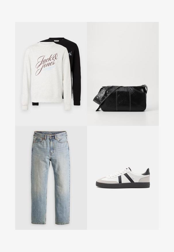 Conjunto de dos sudaderas; una gris claro con letras en marrón y azul, y otra negra. Ambas tienen mangas largas y puños de canalé.; Jeans de mezclilla azul claro de cintura alta, con botón frontal, cremallera y diseño de cinco bolsillos, dispuestos sobre un fondo neutro.; Zapatilla blanca con acentos en negro y gris, que presenta una puntera texturizada en gris, suela de goma negra y cordones planos blancos. Diseño limpio, estilo minimalista.; Bolso de hombro de cuero negro con cierre de cremallera, que presenta un cuerpo texturizado, costuras blancas y una correa con ojales plateados.