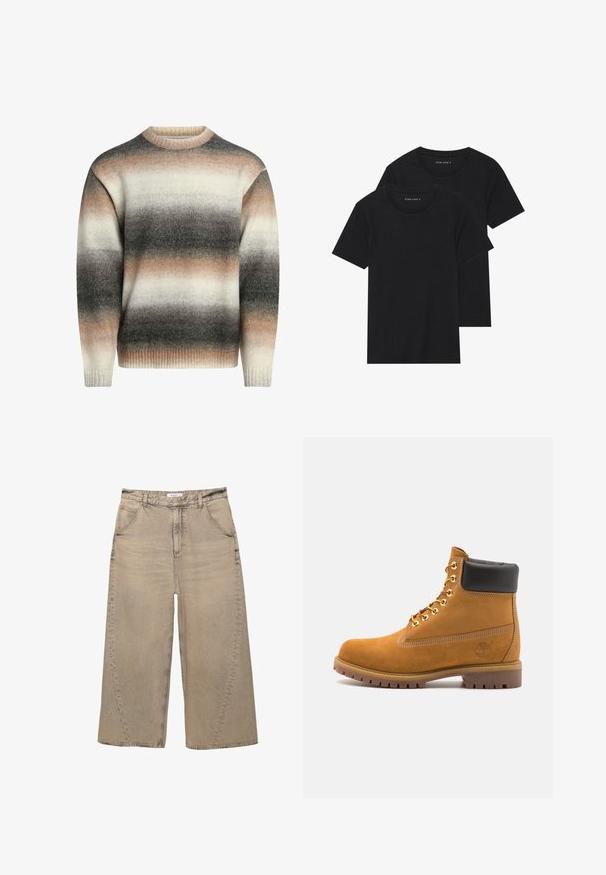 Pleteni pulover z okroglim izrezom, rebrastimi manšetami in gradientnim vzorcem v kremnih, bež in sivih odtenkih. Mehka tekstura in sproščen kroj.; Dve črne bombažne majice s kratkimi rokavi, okroglimi ovratniki in gladko teksturo, prikazane zložene skupaj.; PULL&BEAR MEGA BAGGY - Vrečaste kavbojke - light grey; Svetlo rjave anklne čizme iz semiša z črnim oblazinjenim ovratnikom, zlatimi kovinskimi očesci, belimi šivi in robustnim gumijastim podplatom s izrazitimi tredi.