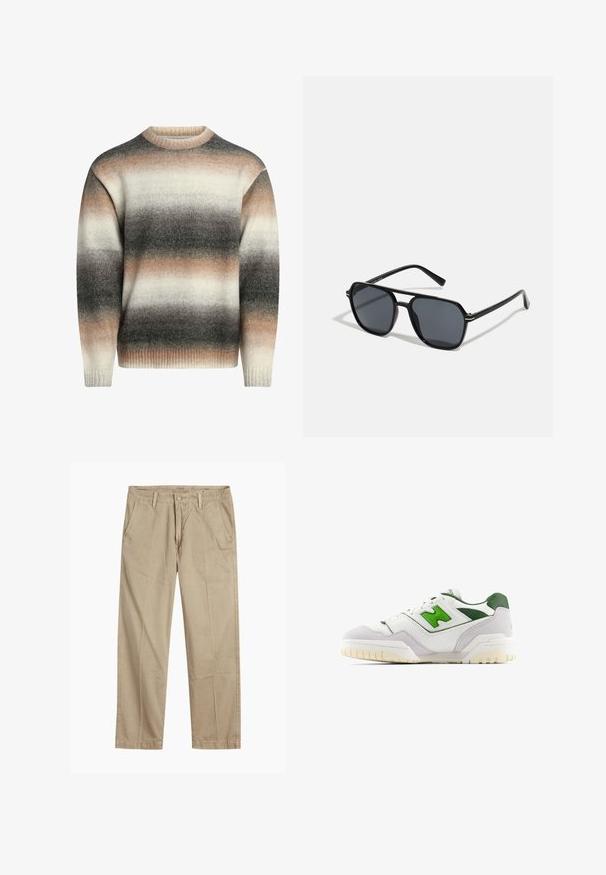 Pull en tricot avec un col rond, des poignets côtelés et un motif dégradé dans des tons de crème, beige et gris. Texture douce et coupe décontractée.; Chinos beiges à jambes droites avec passants de ceinture, fermeture par bouton et fermeture éclair à l'avant, et poches avant en biais.; Baskets blanches avec des accents verts, fabriquées en cuir et en daim. Caractéristiques d'un dessus texturé, d'un col rembourré et d'une semelle en caoutchouc avec un motif visible.; Lunettes de soleil noires avec monture octogonale, verres foncés, finition brillante, branches fines et accents dorés sur l'avant.