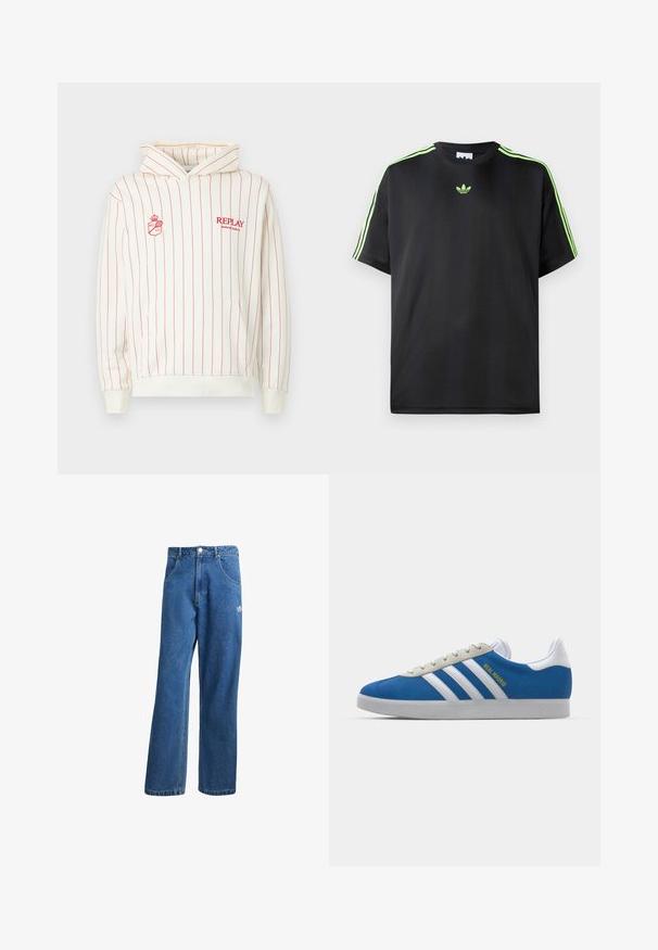 Felpa con cappuccio color crema con strisce verticali rosse. Presenta una tasca frontale, loghi ricamati e polsini e orlo a coste.; T-shirt nera in tessuto liscio con scollatura a girocollo, caratterizzata da tre strisce verdi sulle spalle e un piccolo logo verde sul petto.; Jeans di denim a vita alta e gamba larga blu, con tasche frontali, passanti per cintura, chiusura a bottone e piccolo logo Adidas sulla coscia destra.; adidas Originals ADIDAS GAZELLE SHOES - Scarpe da calcio indoor - real madrid/bluebird/footwear white/crew yellow
