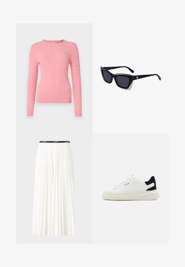 Maglione rosa lavorato a maglia con motivo a trecce, collo rotondo, maniche lunghe e orlo a coste. Piccolo dettaglio del logo sul lato sinistro del petto.; Gonna bianca plissettata con elastico nero in vita che presenta il logo "LACOSTE". Design di lunghezza media con texture morbida.; Sneaker bianchi in pelle con suola spessa bianca, accento in suede nero sul tallone e logo impresso sul lato. Design con lacci e sei fori per i lacci.; Occhiali da sole oversize neri dalla forma geometrica, con lenti scure e un dettaglio grigio a contrasto sulla montatura. Logo sul braccio.