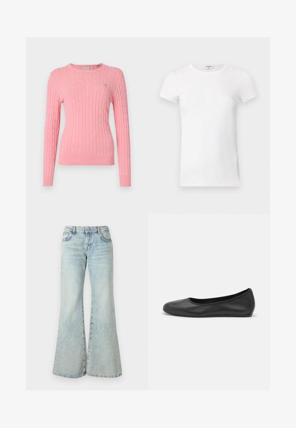 Rosa gestrickter Pullover mit Zopfmuster, Rundhalsausschnitt, langen Ärmeln und ribbeltem Saum. Kleines Logodetail auf der linken Brust.; Weißes geripptes T-Shirt mit kurzen Ärmeln und Rundhalsausschnitt. Der Stoff wirkt glatt und hat eine figurbetonte Silhouette. Markenlabel am Kragen sichtbar.; Hellblaue Schlagjeans aus Denim, mit hoher Taille, Taschen und ausgefransten Säumen. Der Stoff hat eine verblasste Waschung und eine subtile Textur.; Schwarze Leder-Ballettschuhe mit abgerundeter Spitze, glatter Textur, minimalen Nähdetails und einem flexiblen Sohlen-Design.