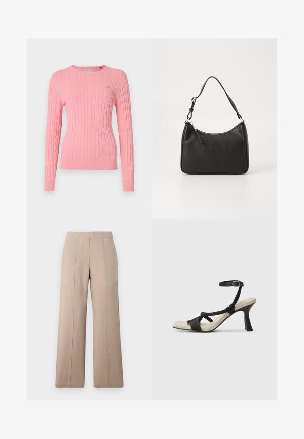 Pink knitted sweater with cable knit pattern, crew neck, long sleeves, and ribbed hem. Small logo detail on the left chest.; Beige wide-leg trousers made of lightweight fabric, featuring front pleats, a smooth waistband, and a straight cut with clean hems.; Black heeled sandal with braided strap design, square toe, and adjustable ankle strap. Light beige footbed with a glossy black heel.; Black leather handbag with a curved shape, a single strap, zip closure, and subtle branding on the front. Smooth texture, minimalist design.