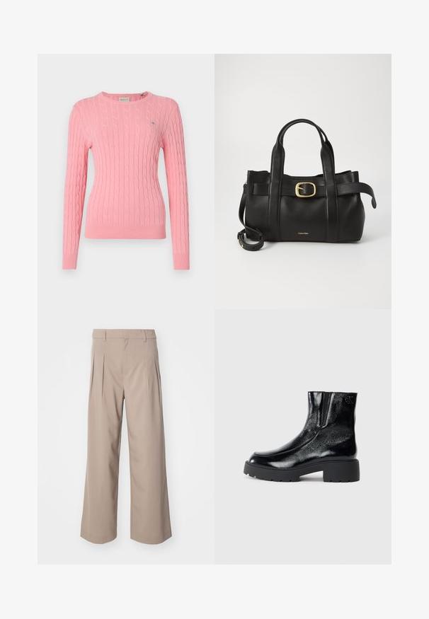 Pink knitted sweater with cable knit pattern, crew neck, long sleeves, and ribbed hem. Small logo detail on the left chest.; Beige wide-leg trousers with pleats, made of smooth fabric. Features a mid-rise waist and a clean, tailored silhouette.; Black ankle boots with a glossy patent leather finish, chunky black rubber sole, and raised heel; includes subtle logo detail on the side.; Black leather handbag featuring a structured design, dual top handles, gold-tone buckle accent, and embossed brand logo at the front.