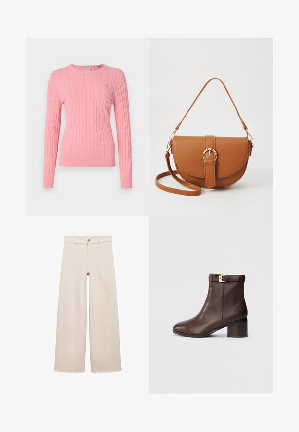 Roza pletena jopica s kabelnim vzorcem, okroglo izrezana, z dolgimi rokavi in ribastim robom. Majhna logotipna podrobnost na levem prsnem delu.; Bež jeans hlače širokega kroja z visokim pasom, z zapiranjem na gumb, sprednjimi žepi in raztrganim robom. Narejene iz denima.; Rjave usnjene gležnarice s zaobljenim nosom, nizko blokasto peto in dekorativnim paščkom z zaponko okrog gležnja. Gladka tekstura in eleganten dizajn.; Rjava usnjena torbica prek telesa s ukrivljeno obliko, zlate opreme in sponko. Ima odstranljiv naramni trak.