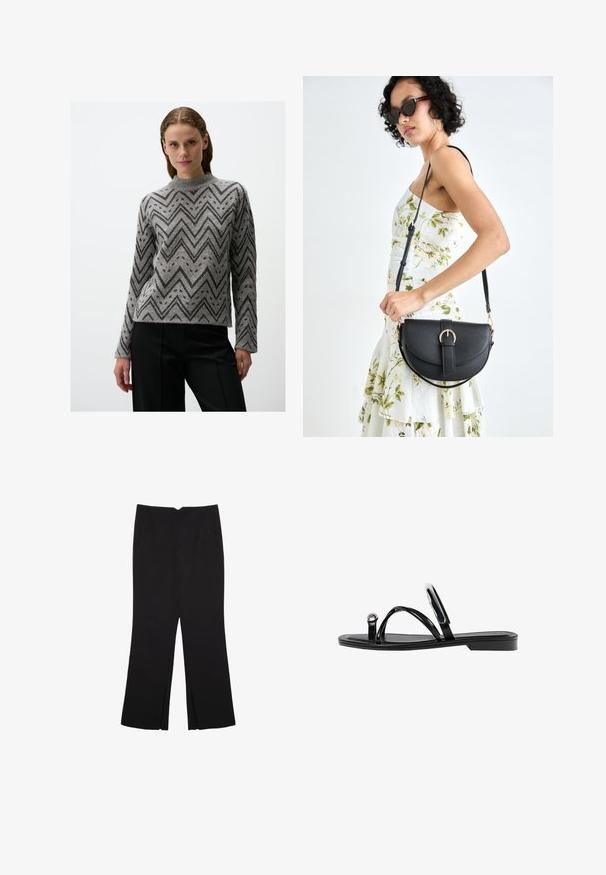 Grauer Pullover mit Chevron-Muster in Schwarz, hoher Ausschnitt und langen Ärmeln, aus strukturiertem Strickstoff gefertigt.; Schwarze Hose mit geradem Schnitt, ausgestattet mit Fronttaschen und Seitenschlitzen am Saum. Hergestellt aus weichem, glattem Stoff. Geeignet für verschiedene Anlässe.; Schwarze flache Sandalen mit glänzender Oberfläche, drei dünnen Riemen und einem runden Hardware-Detail an den Zehen. Elegantes Design mit einem minimalen Absatz.; Schwarze Lederhandtasche mit geschwungener Form, abnehmbarem Tragegurt und goldenen Beschlägen. Die Tasche verfügt über einen Deckel mit einer Schnallen-Details.