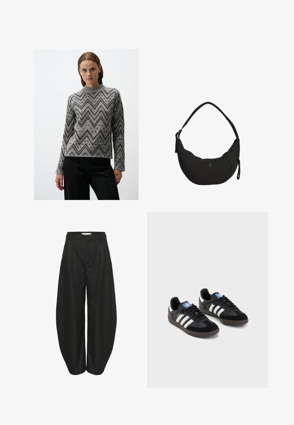 Grijze trui met een zigzaggend patroon in het zwart, voorzien van een hoge hals en lange mouwen, gemaakt van een gestructureerde brei-stof.; Zwarte hoge taille wijde broek met plooien, riemlussen en een verborgen sluiting aan de voorkant, ontworpen door Gestuz.; Zwarte sneakers met een bovenwerk van suède en synthetisch materiaal, voorzien van drie witte strepen, een gestructureerde rubberen zool en een blauw logo-label op de tong.; Zwarte schoudertas met een gebogen ontwerp, gevoerde stof, verstelbare schouderriem en subtiel logo. Heeft een ritscompartiment en getextureerde accenten.