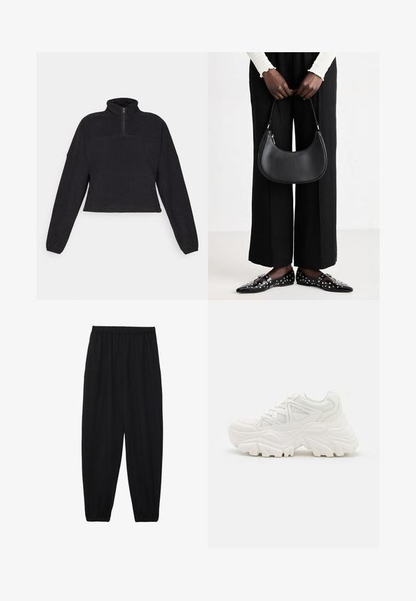 Black fleece pullover with a stand-up collar and half-zip. Features long sleeves, a cropped design, and a smooth, soft texture.; Black, lightweight pants with an elastic waistband and gathered ankles. The fabric is smooth and features a relaxed, tapered design.; White chunky sneakers featuring a textured upper, mesh panels, and thick rubber soles with prominent tread pattern. Laces and pull tab included.; Black leather shoulder bag with a rounded shape, glossy finish, and silver hardware. Person wearing black wide-leg pants and studded loafers.