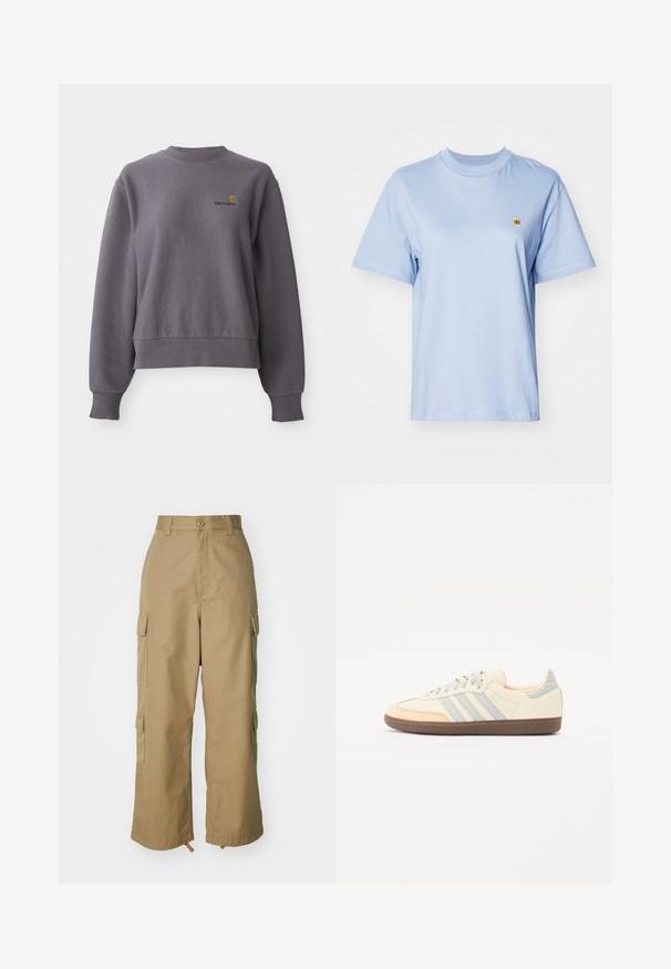 Grå sweatshirt lavet af en bomuldsblanding. Har en rund halsudskæring, ribbede manchetter og et lille broderet logo på brystet.; Lys blå bomulds t-shirt med korte ærmer, rund halsudskæring og lille gul broderet logo på brystet. Blød tekstur, afslappet pasform.; Beige cargo bukser med høj talje, brede ben og fire store sidelommer. Fremstillet af slidstærkt stof med en glat tekstur og minimal detaljering.; Sko med en overdel i cremefarvet læder, lyseblå striber og ferskenfarvede detaljer. Har en struktureret brun gummisål og et minimalistisk design.