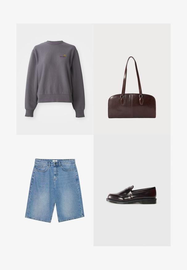 Sweatshirt gris en tissu de mélange de coton. Il dispose d'un col rond, de poignets côtes et d'un petit logo brodé sur la poitrine.; Shorts en denim bleu clair avec une coupe droite, design à cinq poches et surpiqûres contrastées. Dotés d'une fermeture par bouton et zip.; Mocassins en cuir bordeaux avec une surface lisse, un détail de couture surélevé et une semelle en caoutchouc. Conçus avec un bout arrondi et un matériel minimal.; Sac à main en cuir marron avec deux longues anses, de forme rectangulaire structurée, texture lisse et bords arrondis. Présente des détails accentués au niveau des poignées.