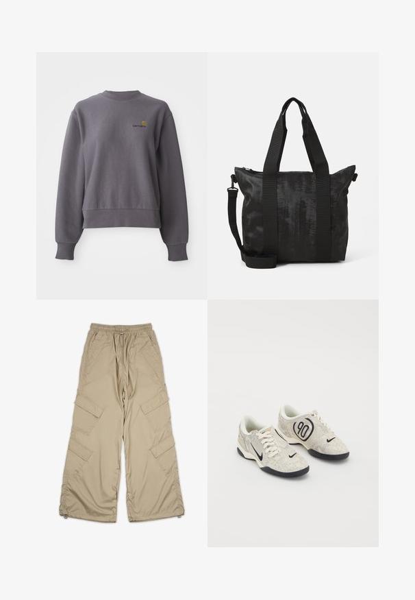 Hallide särk, mis on valmistatud puuvilla segukangast. Omab ümmargust kaelust, ribatud varrukaotste ja väikest tikanditud logo rinnal.; Beežid cargo püksid, millel on kummiga vöökoht, mitmed küljetaskud ja mugav lõige. Valmistatud kerge ja sileda materjali koos õmblemise detailidega.; Nike spordijalatsid beeži ja halli tekstuuriga ülemise osa, mustade aktsentidega, suure "90" logoga ja valge sidumisega. Must tald.; Must mustkott mustekangaga, kahe ülemise sangaga ja eemaldatava õlarihmaga. Omab lukuga sulgemist, et tagada turvaline hoiustamine.