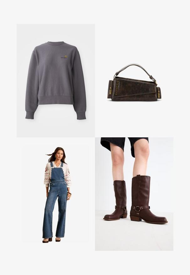 Grauer Pullover aus einem Baumwollmischgewebe. Verfügt über einen runden Halsausschnitt, gerippte Bündchen und ein kleines gesticktes Logo auf der Brust.; Jeanslatzhosen mit einem gewellten Design am Latz, ausladenden Beinen und Seitentaschen. Kombiniert mit einer weißen bestickten Bluse und Holzaccessoires.; Braune kniehohe Stiefel aus Leder mit runder Zehenform, strukturiertem Obermaterial, Knöchelriemen und silbernen Hardware-Details; mit gestapeltem Absatz.; Braune Lederhandtasche mit geometrischem Design, ausgestattet mit einem oberen Griff und Messingreißverschluss-Akzenten. Logo ist an der Seite eingeprägt.
