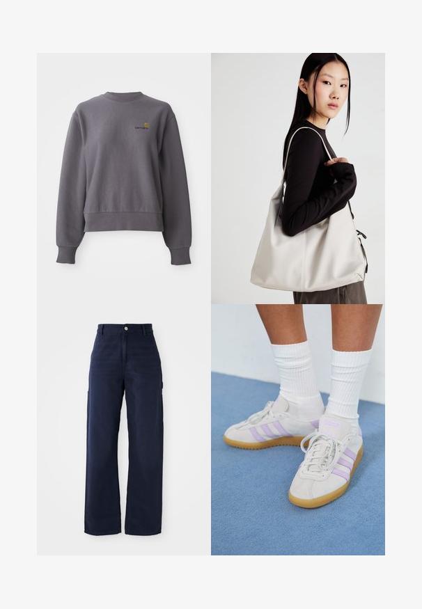 Pilkas džemperis, pagamintas iš medvilnės ir sintetinio pluošto mišinio. Turi apvalų iškirpimą, įvarstytas rankoves ir mažą siuvinėtą logotipą ant krūtinės.; Tamsiai mėlynos plačios kojų cargo kelnės, pagamintos iš tvirto medvilninio audinio, su šoninėmis kišenėmis ir sagčių uždarymu juosmenyje.; Šviesiai pilki zomšiniai sportbačiai su trimis alyvinėmis juostelėmis, guminis padas, plokščios raišteliai ir balti smulkūs raišteliai. Fonas mėlynas.; Bežinė rankinė, pagaminta iš minkštos medžiagos, turinti laisvą dizainą, siuvinėtas detalės ir dvi petnešos. Tinkama kasdieniam naudojimui.