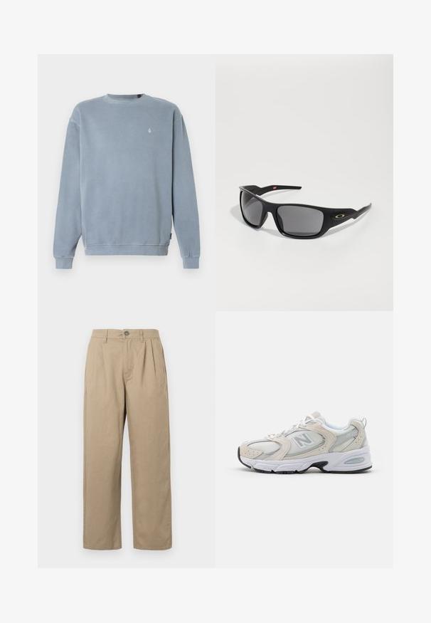 Svetle modrá mikina vyrobená z bavlny, s žebrovaným kulatým výstřihem, dlouhými rukávy a malým logem na hrudi. Měkký, textura povrch.; Beige kalhoty s vysokým pasem, sklady, poutky na pásek, zapínáním na knoflík a rovnými nohavicemi na bílém pozadí.; Atletická obuv s lehkým šedým síťovaným svrškem s semišovými akcenty, bílými tkaničkami a černou gumovou podrážkou. Výrazným detailem je tlumení ABZORB.; Černé sluneční brýle s obdélníkovým tvarem, vyrobené z odolného plastu, s šedými zrcadlovými skly a zlatým akcentem po straně.