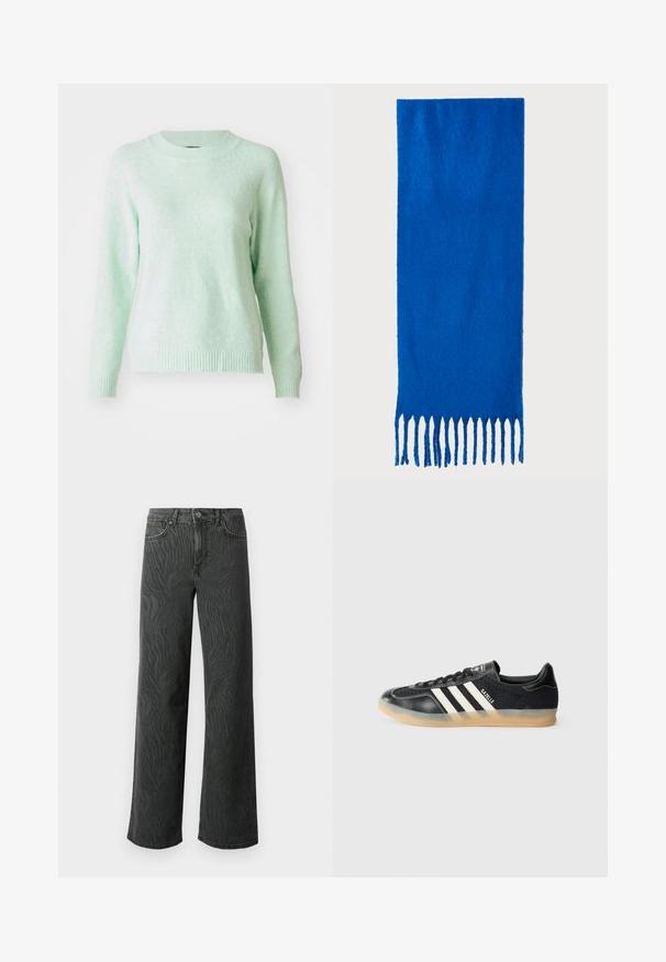 Lichtgroene, lange mouwen trui met een ronde hals. Zachte textuur met geribbelde manchetten en zoom. Eenvoudig ontwerp, zonder patronen of versieringen.; Brede pijpen jeans in donkergrijs denim, met een subtiele zebra-structuur, contrasterende stiksels en een vijf-pocket ontwerp met een knoopsluiting.; Zwarte sportieve sneaker met witte strepen, textielstof, glad leren neus en een gumrubberen zool. Bevat het logo op de tong.; Blauwe sjaal met franjes, gemaakt van zachte stof; heeft een effen kleur met een gestructureerd oppervlak en gelijkmatig gesneden franjes aan de onderkant.; Zwarte vierkante crossbody tas van gestructureerd synthetisch materiaal. Met een reliëflogo ontwerp en een verstelbare schouderband. Ritssluiting.