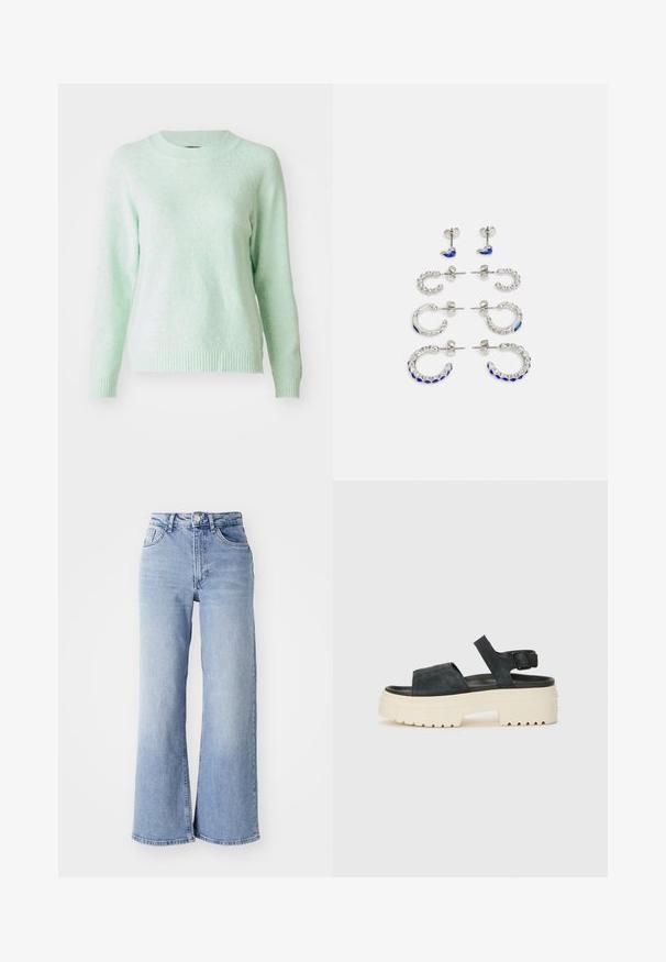 Lys grønn, langermet genser med rund hals. Myk tekstur med ribbede mansjetter og kant. Enkelt design, uten mønstre eller dekorasjoner.; Lyseblå høyt liv vide jeans med front- og baklommer, knappelukking og subtile falminger på lårene og kanten.; Sorte semsket platåsandaler med en kraftig hvit såle, bred fremre stropp og justerbar ankelspenne. Teksturert yttersåle for godt grep.; Sett med seks øredobber i sølvfarget metall. Inkluderer stift- og ringdesign med blå og klare edelstener, som varierer i størrelse og form.