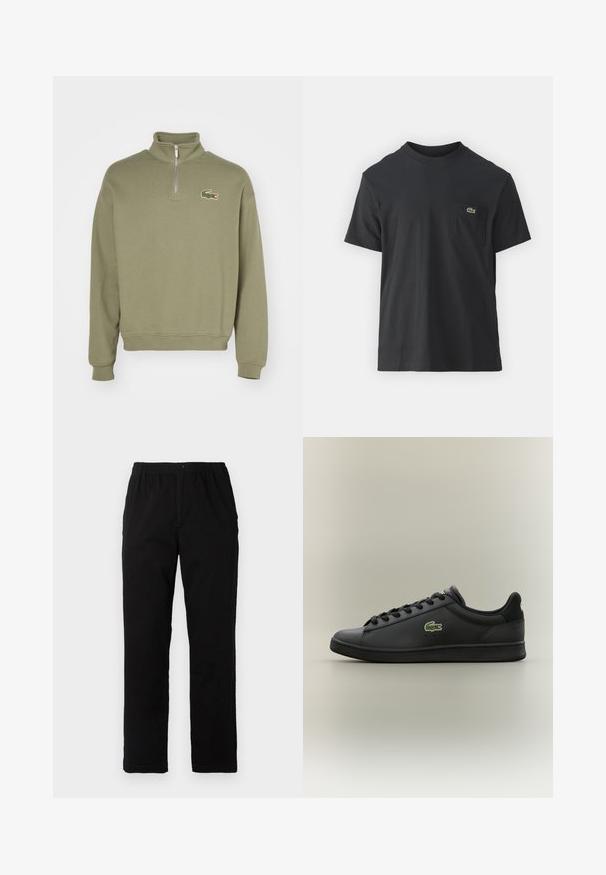 Zippered pullover in olive green cotton with a raised collar and ribbed cuffs. Features embroidered crocodile logo on the left chest.; Black cotton t-shirt with short sleeves, round neckline, and a small green logo on the left chest pocket. Simple design, regular fit.; Black pants made of cotton blend fabric, featuring a straight cut, elastic waistband with button, and no visible patterns or accents.; Black low-top leather sneaker with black laces featuring a green crocodile logo on the side, set against a plain neutral background.