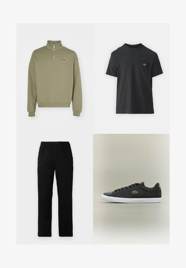 Zippered pullover in olive green cotton with a raised collar and ribbed cuffs. Features embroidered crocodile logo on the left chest.; Black cotton t-shirt with short sleeves, round neckline, and a small green logo on the left chest pocket. Simple design, regular fit.; Black pants made of cotton blend fabric, featuring a straight cut, elastic waistband with button, and no visible patterns or accents.; Black leather sneakers with white rubber sole, featuring a green crocodile logo and round laces, sleek design with smooth texture.