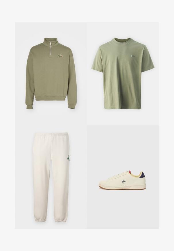 Rozpinany polar w oliwkowym kolorze z bawełny z podwyższonym kołnierzem i ściągaczami. Posiada haftowane logo krokodyla na lewej piersi.; Oliwkowa bawełniana koszulka z okrągłym dekoltem i krótkimi rękawami. Posiada małe, wyszywane logo na piersi. Gładka struktura.; Jasnobeżowe spodnie dresowe wykonane z bawełny, z elastycznym pasem, ściągaczami na nogawkach oraz zielonym logo z motywem liścia na lewym udzie.; Sneakers Lacoste w kremowej skórze o fakturowanym wykończeniu. Posiadają gumową podeszwę, sznurowaną cholewkę, granatowy zapiętek oraz haftowane logo.
