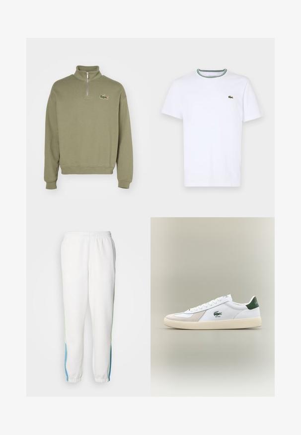 Vetoketjullinen pusero oliivinvihreästä puuvillasta, jossa on kohotettu kaulus ja ribbauskahvat. Vasemmassa rinnassa on kirjailtu krokotiililogot.; Valkoinen puuvillainen lyhythihainen T-paita, jossa on ribbikaarroke ja vihreitä sekä mustia raitoja; pieni vihreä kirjailtu logo vasemmassa rinnassa.; Valkoiset collegehousut, joissa on joustava vyötärö. Housuissa on vihreät ja siniset sivuviivat. Pehmeä kangas ja kapeneva nilkkamalli.; Valkoiset tennarit vihreillä yksityiskohdilla, mokka- ja nahkamateriaaleja, pyöreä kärki, teksturoitu ulkopohja sekä brodeerattu logo sivulla ja kielekkeessä.