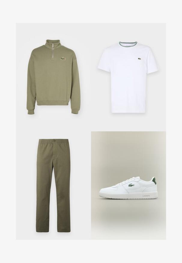 Zippes pulóver olívazöld pamutból, megemelt gallérral és bordázott mandzsettákkal. Bal mellen hímzett krokodil logo található.; Fehér pamut, rövid ujjú póló bordás gallérral, zöld és fekete csíkokkal; kis zöld hímzett logó a bal mellen.; Lacoste Nadrágok - olive; Fehér bőr sneaker sima felülettel, zöld akcentussal a saroknál, és zöld logóval az oldalon. Lapos talpa és kerek orra van.