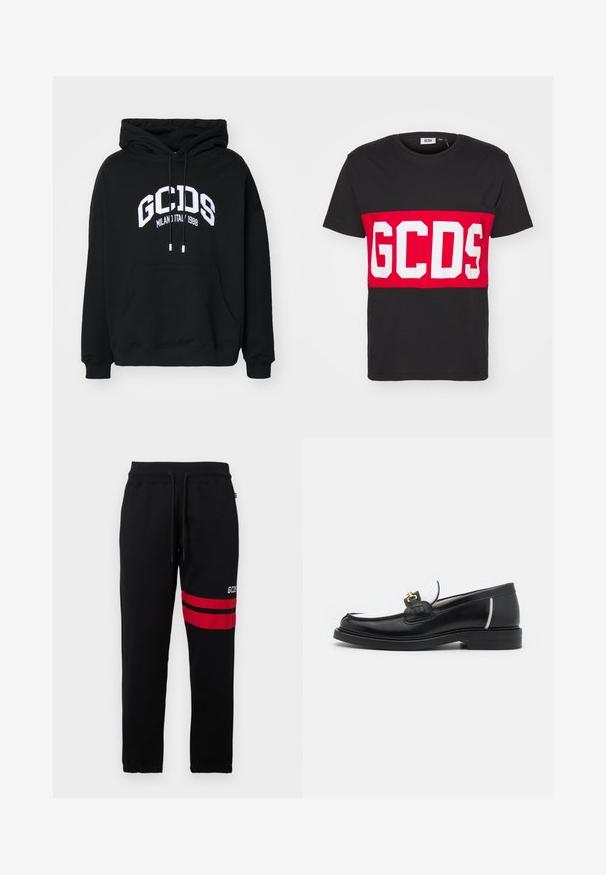 Schwarzer Hoodie aus Baumwollmischung mit einer vorderen Kängurutasche, Zugbändern und einem auffälligen weißen Grafikdruck "GCDS MILANO 1988".; GCDS BAND LOGO REGULAR - T-Shirt print - black; Schwarze Jogginghose mit kontrastierenden roten Streifen und Logo an der Seite. Sie verfügt über einen elastischen Bund mit Kordelzug und eng zulaufende Beinabschlüsse.; Schwarze Lederloafers mit runder Zehenpartie, weißen Akzenten und goldenen Beschlägen auf dem Vorderblatt. Verfügt über ein strukturiertes Patch und einen gestapelten Absatz.