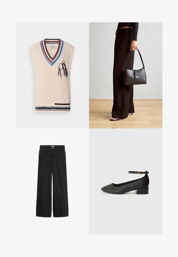 Beige strikket vest med V-hals, stripet halslinning i blått, burgunder og svart. Har dekorative sømmer og en liten lomme. ; Bredde ben svarte denimjeans med høy midje. Har fem lommer, metallhardware og en ren finish. Teksturen er glatt og myk.; Sorte skinnpumper med spiss tå og lav blokkhelt. Har ankelrem med gullfarget spenne. Glatt tekstur.; Svart håndveske med strukturert form, jevn tekstur og metallisk lås. Kombinert med brede svarte bukser og sandaler med åpen tå på tregulv.