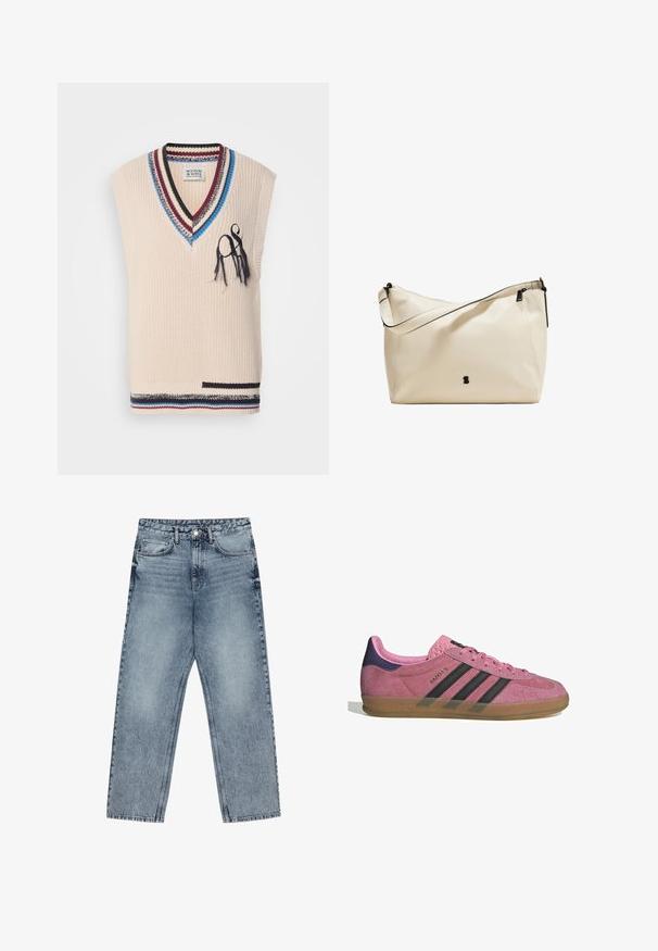 Beige knitted vest with a V-neck, striped neckline in blue, burgundy, and black. Features decorative stitches and a small pocket detail.; Light blue denim jeans with a straight leg cut, visible stitching, five pocket design, and a button closure at the waist.; Pink suede sneaker with black stripes, gum sole, and textured purple heel. Features a lace-up design and embossed branding on the side.; Beige leather shoulder bag with a black zipper and strap, featuring a smooth texture and a minimalistic design with a small logo accent.