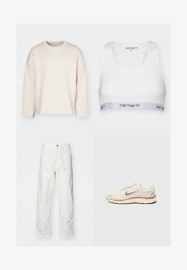 Maglione a maglia di colore crema con scollatura rotonda, spalle scese e maniche lunghe. Design semplice senza decorazioni.; Bra sportivo bianco con tessuto liscio, design a dorso scoperto e una banda elastica grigia con il logo Carhartt in nero. Taglia piccola.; Pantaloni cargo bianchi in cotone con vestibilità rilassata. Tra le caratteristiche ci sono tasche frontali, dettagli in metallo dorato e sezioni rinforzate sulle ginocchia.; Le sneakers Nike P-6000 presentano una tomaia in rete color crema con accenti arancioni e argento, una soletta imbottita e una superficie texturizzata per una migliore aderenza.